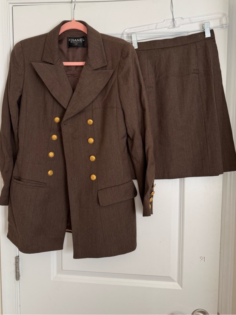 CHANEL Brown Double-Breasted Blazer & Skirt Set, Gold Buttons (Approx Size 2/4)